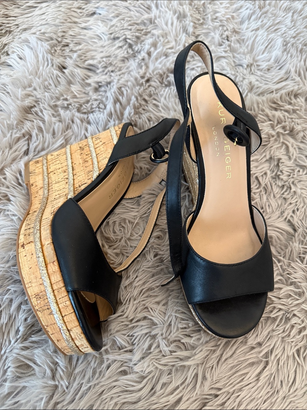 Kurt Geiger Black Leather Cork Wedge Sandals